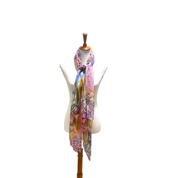 Boutique Leopard Floral Print 100% Silk Scarf Pink One Size Boho Coastal Flowy - Picture 2 of 12